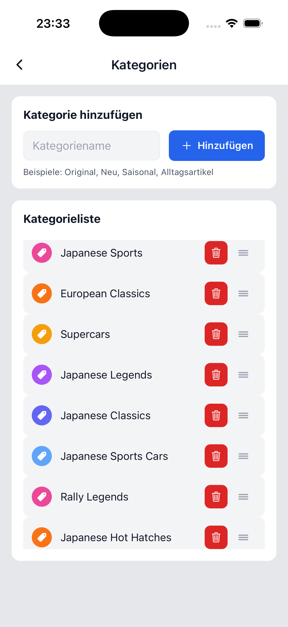 Kategorien in Stokki