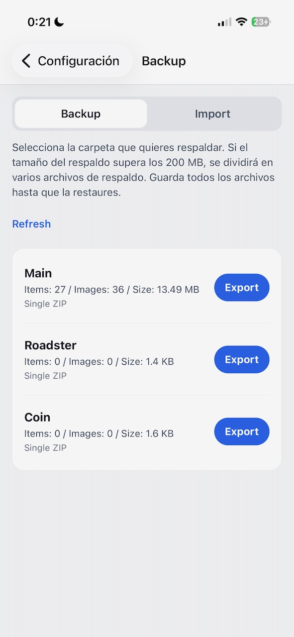 Pantalla de copia de seguridad